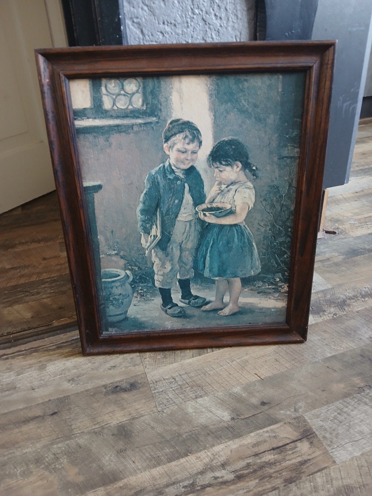 Vintage ingelijste prent van twee kinderen, Antiek en Kunst, Ophalen of Verzenden
