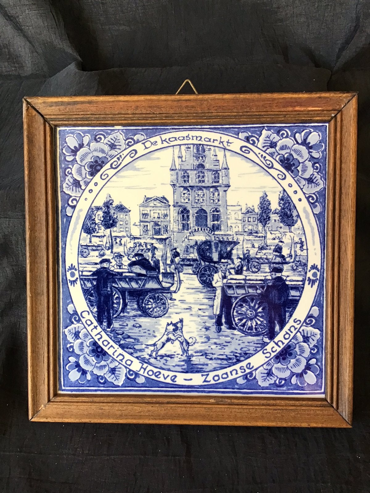 2 Delfts blauwe tegeltjes in houten lijst 17x17 cm, Ophalen of Verzenden
