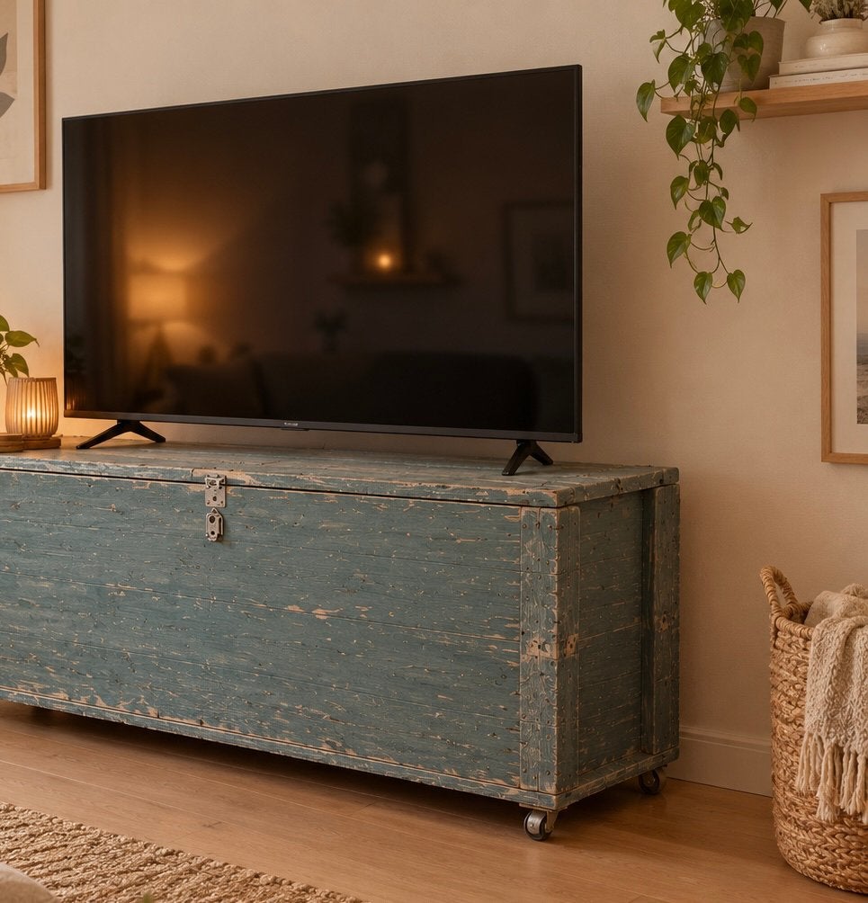 Vintage Houten Kist op Wielen - Groen/ blauw Geverfd, Ophalen