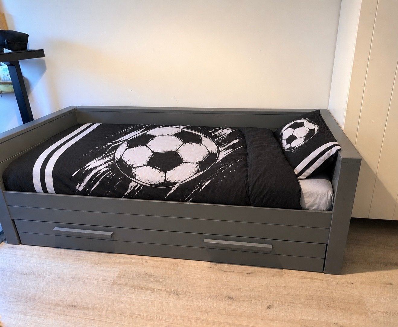 WOOOD Dennis Bedbank met lattenbodem en bedlade - Staalgrijs, Ophalen, Eenpersoons, 200 cm, Grijs