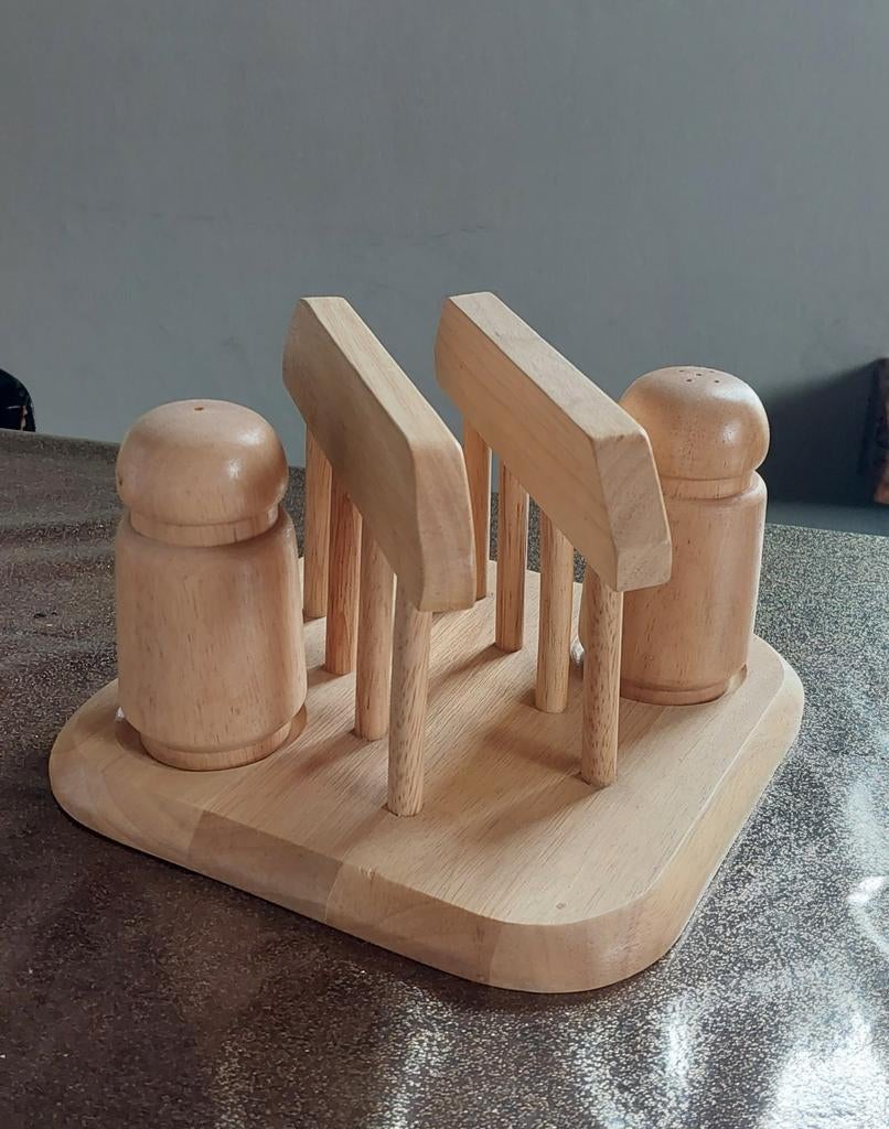 Vintage Scandinavisch peper zout stel servettenhouder hout, Huis en Inrichting, Ophalen of Verzenden, Zo goed als nieuw, Hout