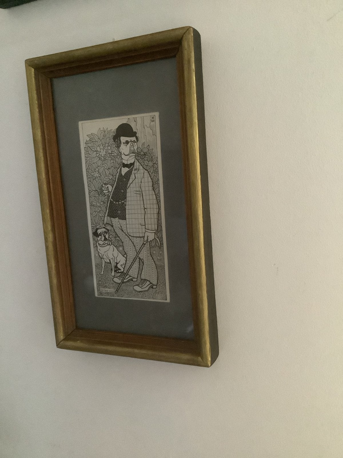 Vintage Gravure: Gentleman met Mopshond (1908), Dagelijks leven, Ophalen of Verzenden, Gravure, Gesigneerd