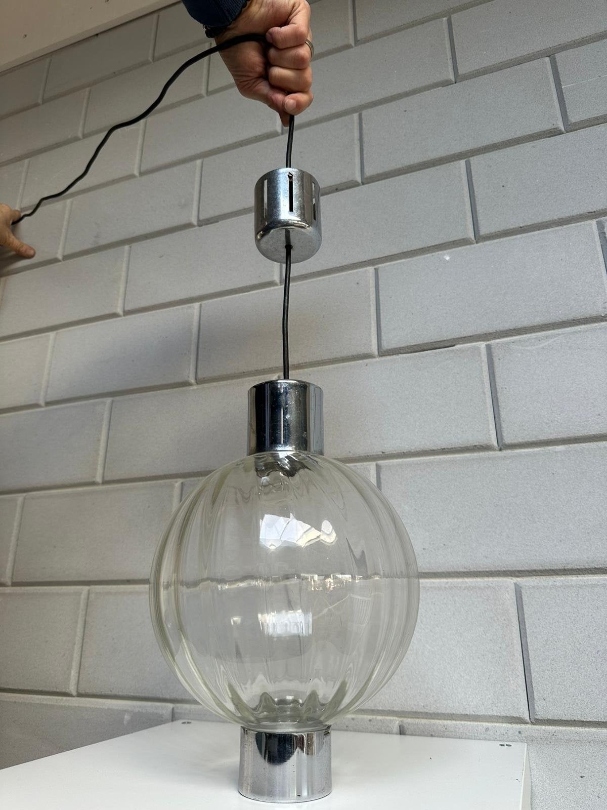 Space age glazen bollamp, midmod glass pendant sixties 60s, Ophalen, Gebruikt, Glas, E27 (groot)