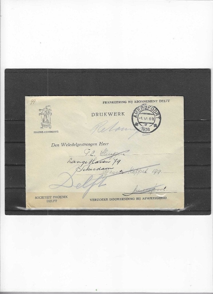 Drukwerk brief,Societeit Phoenix Delft.  1938, Ophalen of Verzenden, Brief