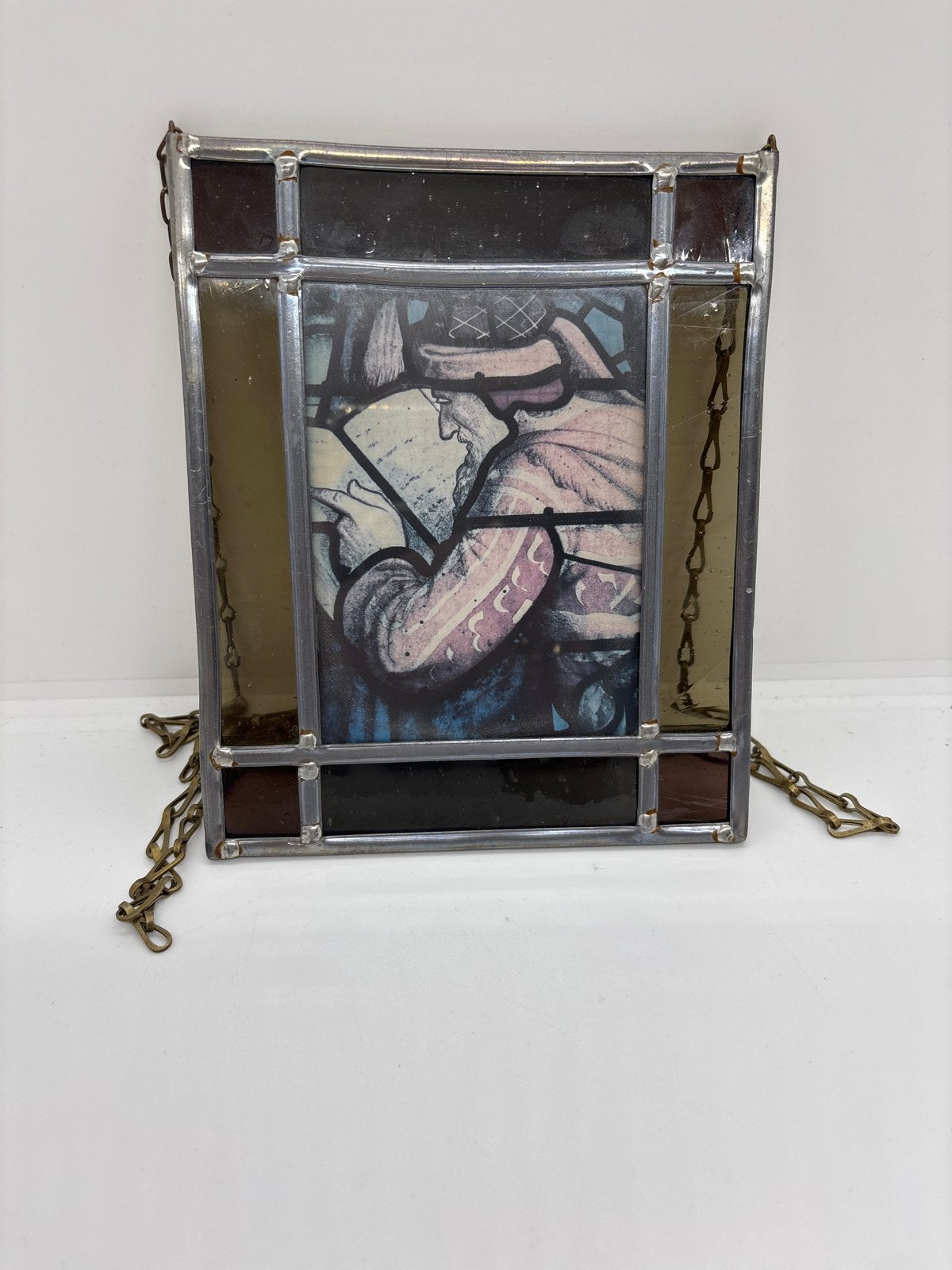 Vintage glas-in-lood paneel met lezende monnik, Ophalen of Verzenden