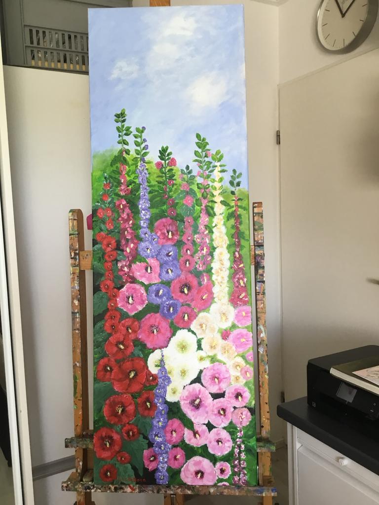 Schilderij Stokrozen - Kleurrijk, Ophalen of Verzenden