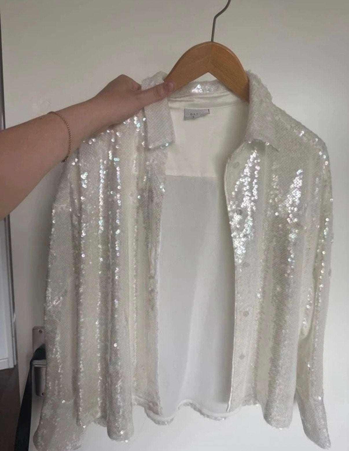 Witte pailletten blouse/jasje dante 6, Ophalen of Verzenden, Zo goed als nieuw, Maat 38/40 (M), Wit