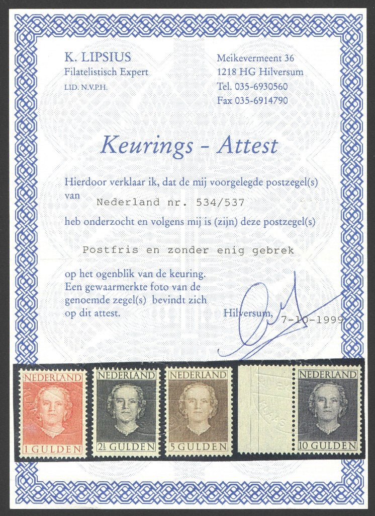 Nederland NVPH nr 534/7 postfris En Face, FotoCert. 1949, Postzegels en Munten, Ophalen of Verzenden, Na 1940, Postfris