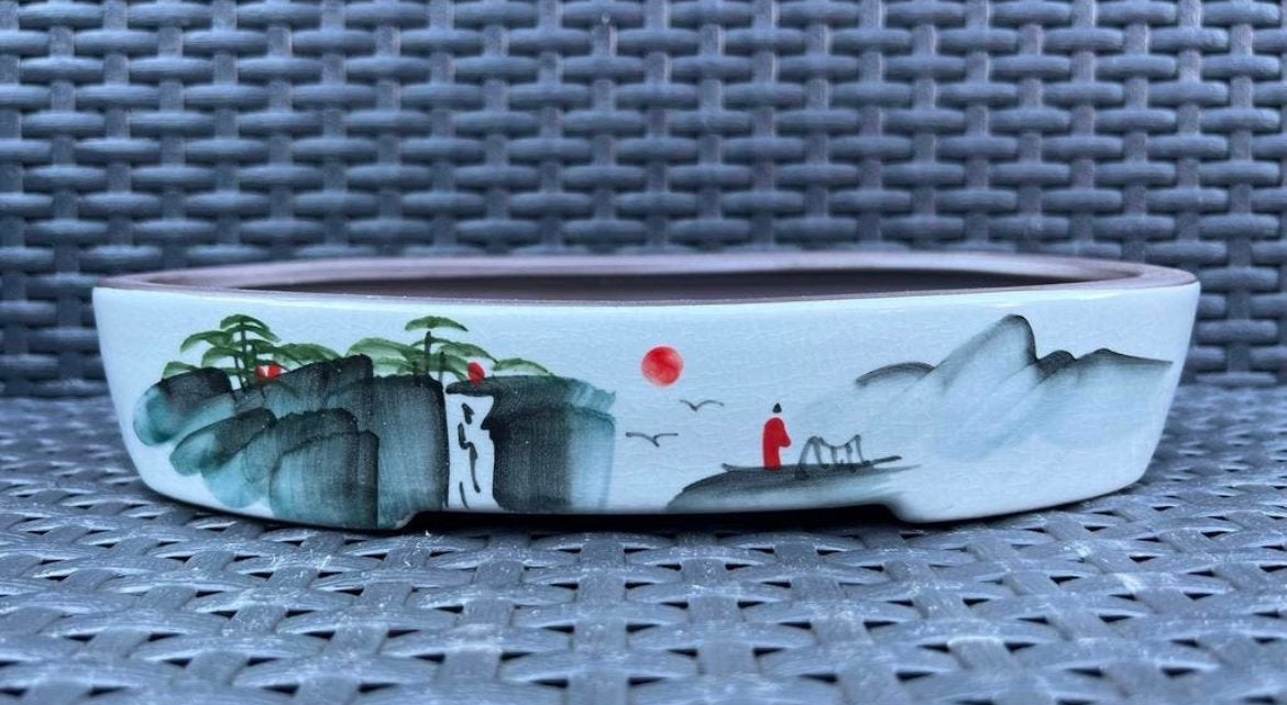 Bonsai schaal ovaal gedecoreerd aardewerk 26,1x15,2x4,7, Tuin en Terras, Ophalen of Verzenden, Zo goed als nieuw, Overige vormen