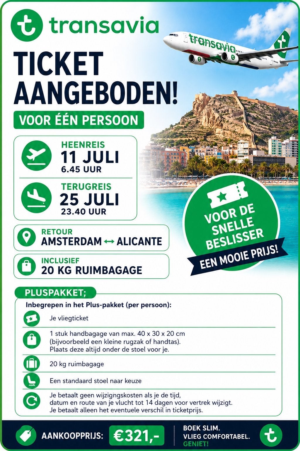Retour ticket Amsterdam Alicante, Tickets en Kaartjes, Eén persoon, Vliegtuig, Met bestemming of datum