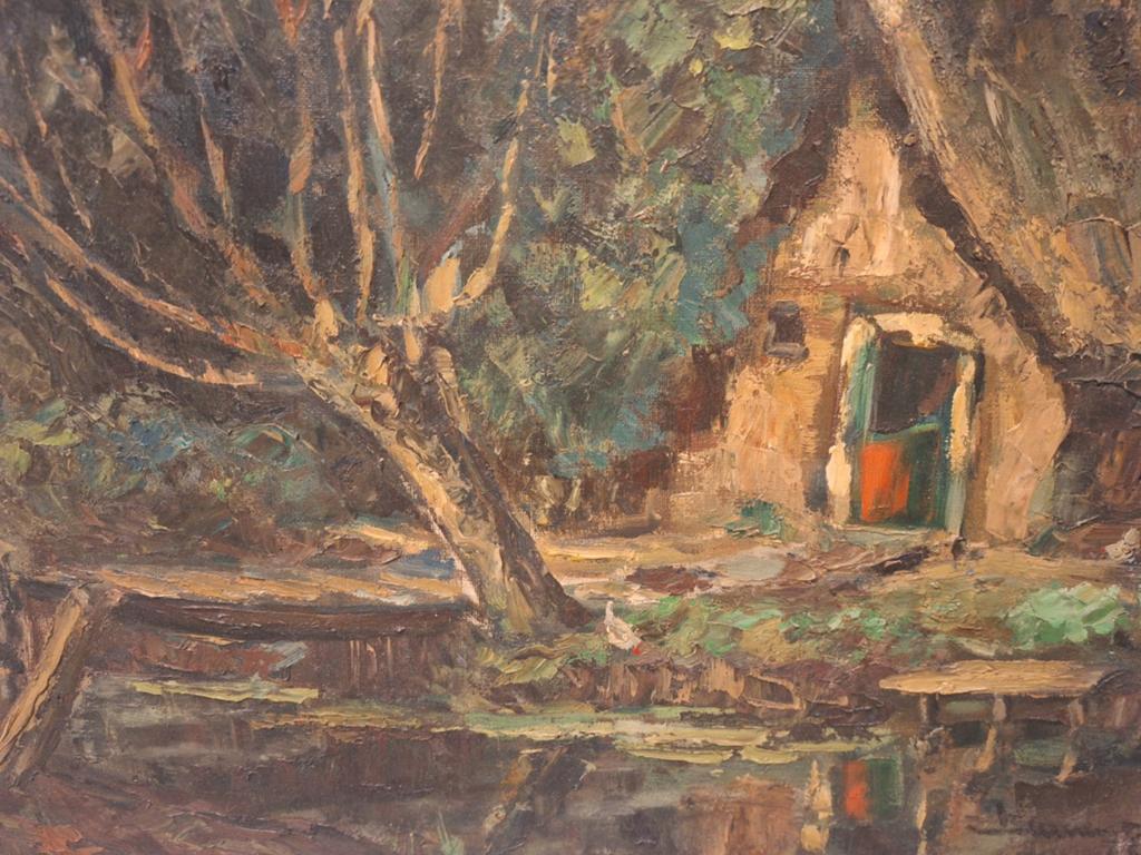 Olieverfschilderij: Boerderij met kippen aan het water, Antiek en Kunst, Ophalen of Verzenden