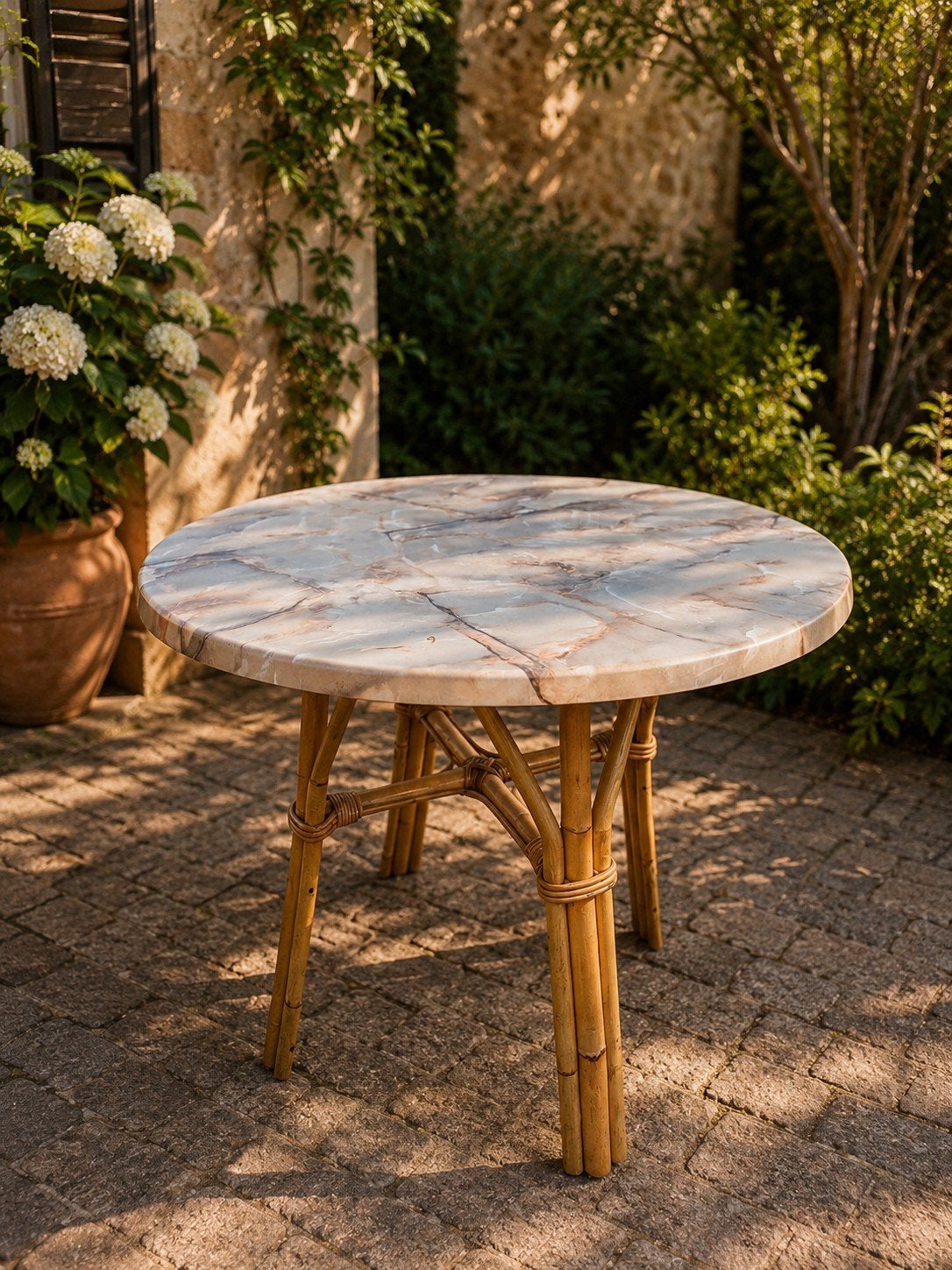 Rotan tuinset – ronde tafel + 3 stoelen met kussens, Ophalen of Verzenden, Rond