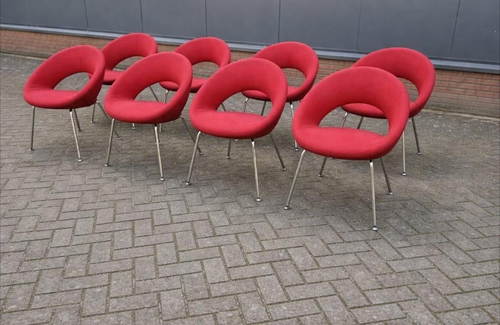 Artifort Design Nina eetkamerstoelen stof rood chrome poten, Huis en Inrichting, Stoelen, Ophalen, Zo goed als nieuw, Stof, Modern leolux stijl