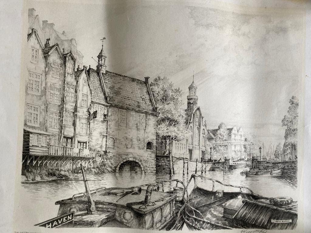 litho van Frits Bosma – afbeelding van sfeervol Delfshaven, Antiek en Kunst, Verzenden