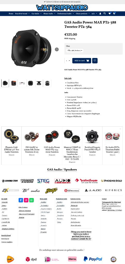 GAS Audio Power MAX PT2-388 Tweeter PT2-384, Info@optimount.nl, Nieuw, Ophalen of Verzenden, Anholtseweg 48A 7091 HB DINXPERLO