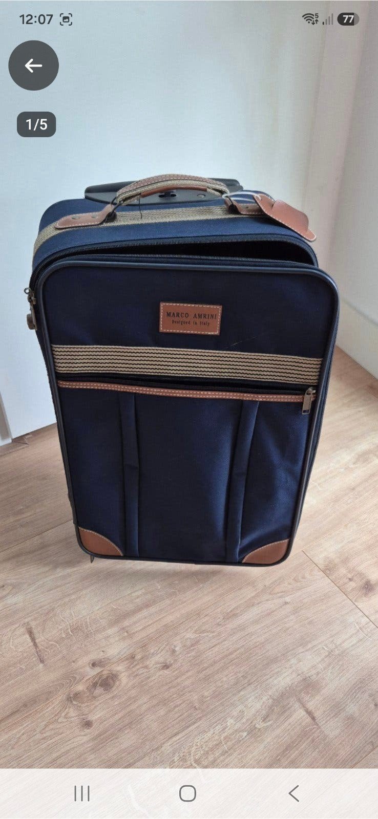 Marco Amrini Reiskoffer - Leer & Linnen - Handbagage, Uitschuifbare handgreep, Gebruikt, 20 tot 30 cm, Blauw
