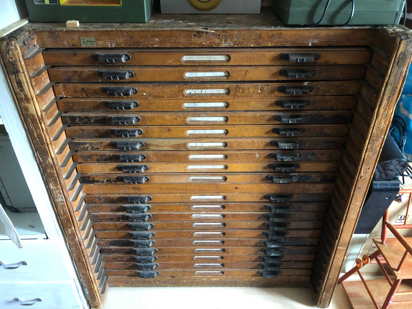 Vintage letterbak / zetkast met 20 laden, Antiek en Kunst, Ophalen