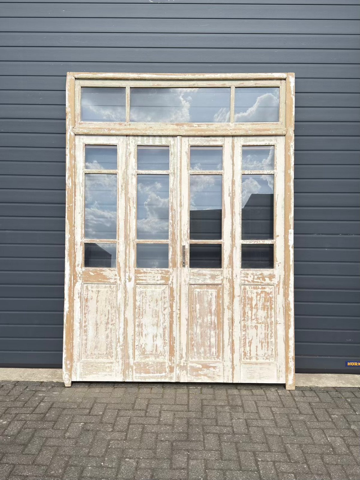 Antieke 4-slag oranjerie met bovenlicht en witte patina, Ophalen of Verzenden, Zo goed als nieuw, Hout
