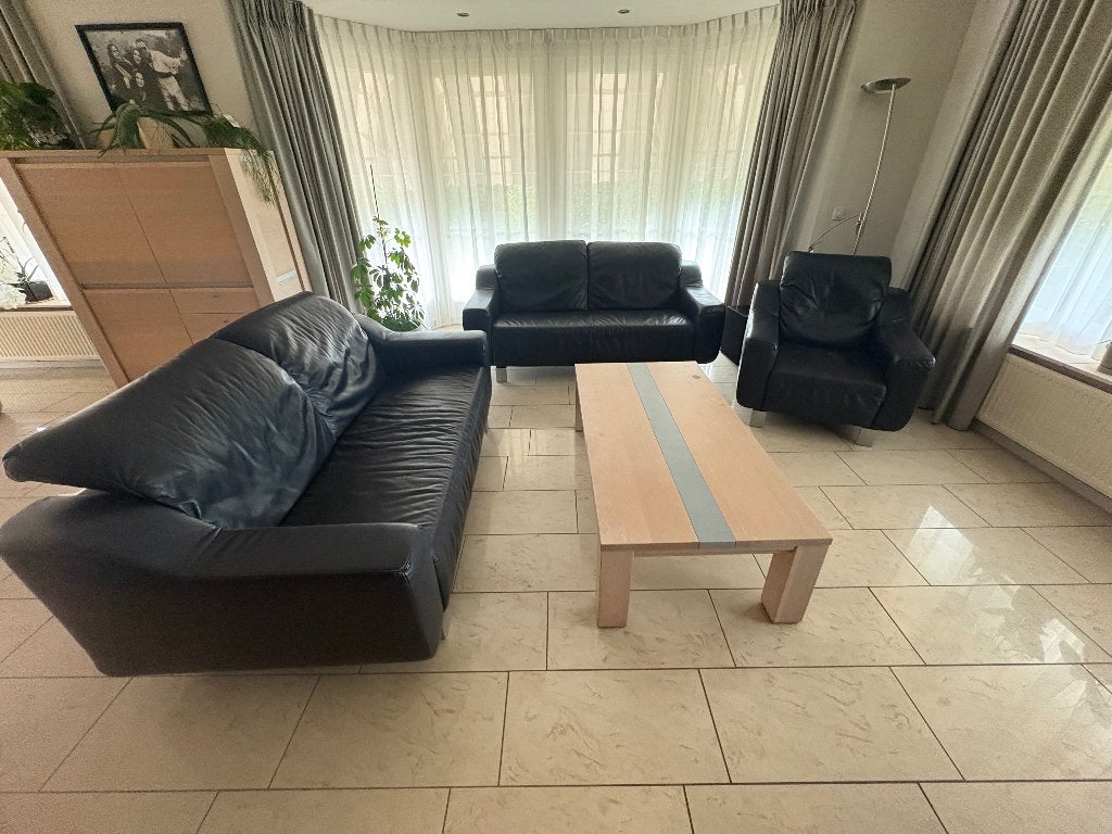 Sofás, Huis en Inrichting, Banken | Bankstellen, Ophalen, Gebruikt, Leer donker blauw, 100 tot 125 cm