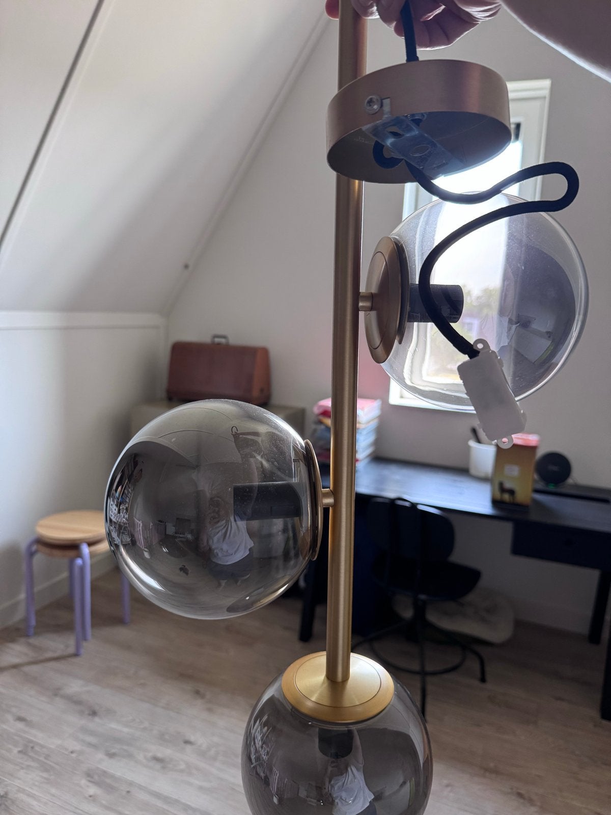 Zimite Goud Hanglamp met 3 Rookglazen Bollen, Ophalen, Zo goed als nieuw, Glas, E14 (klein)