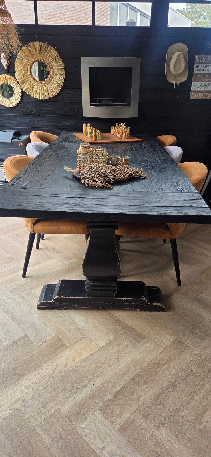 Robuuste zwart gerookt houten Kloostertafel - Stoer en Stijl, Huis en Inrichting, Ophalen, Gebruikt, 100 tot 150 cm, 200 cm of meer