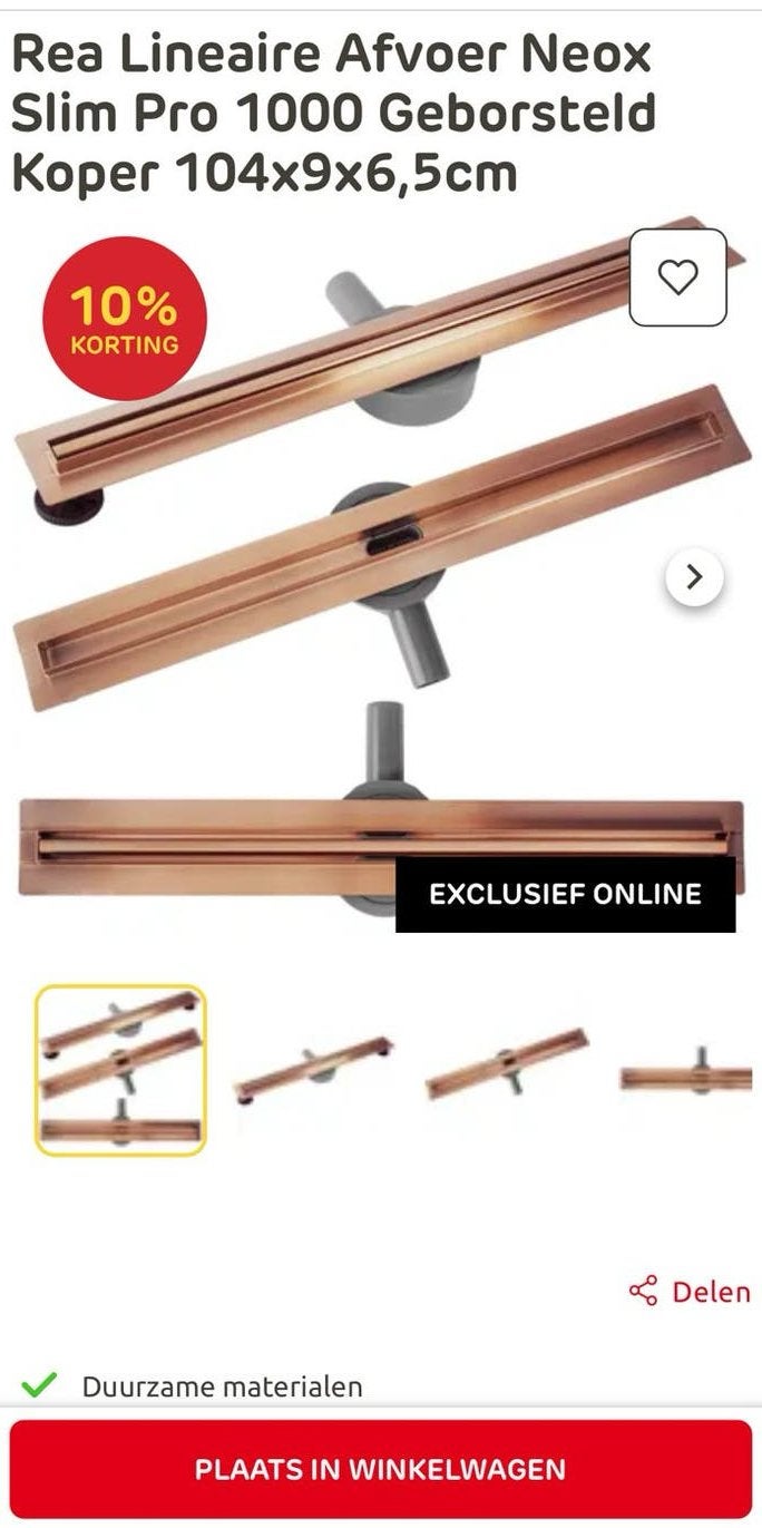Rea Lineaire Afvoer Neox Slim Pro 1000 Geborsteld Koper, Ophalen of Verzenden, Nieuw, Koper, Douche