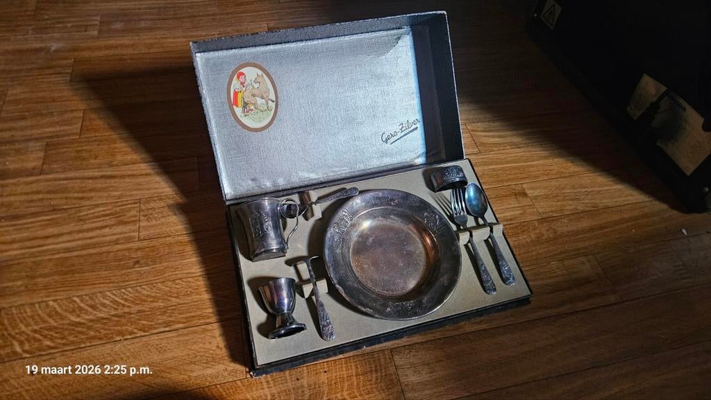 Vintage Gero-zilver kinderbestekset in originele doos, Ophalen of Verzenden