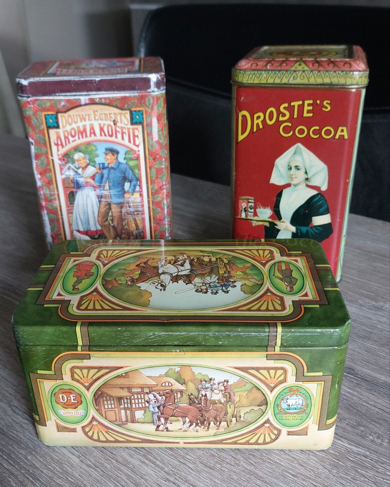 3 Vintage bewaarblikken: Douwe Egberts, Droste, Pickw, Ophalen of Verzenden, Gebruikt, Koffie, Douwe Egberts