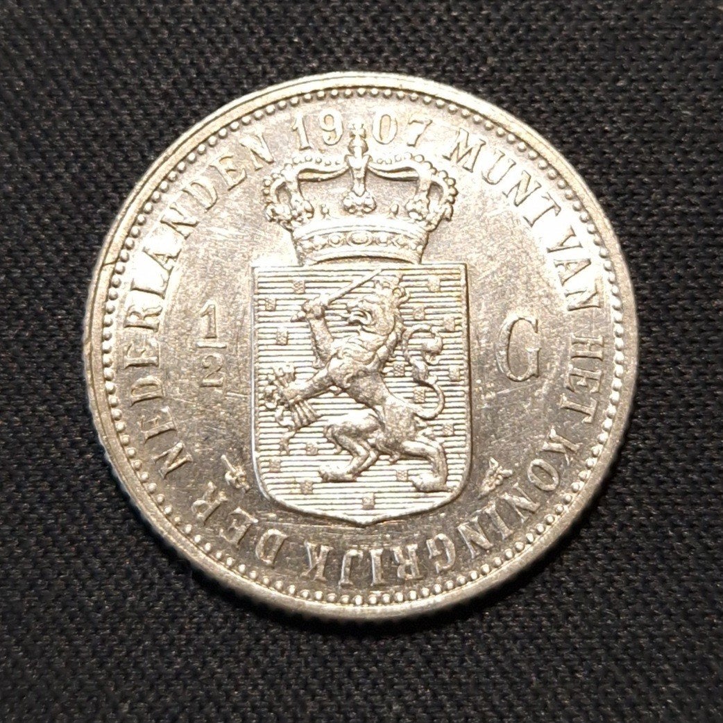 1/2 gulden 1907, Postzegels en Munten, ½ gulden, Verzenden, Zilver, Koningin Wilhelmina