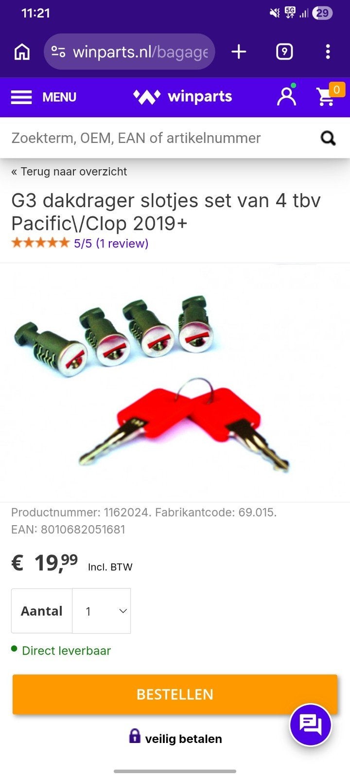 G3 Dakkoffer slotenset 4 stuks t.b.v. Pacific/Clop 2019+, Auto diversen, Dakdragers, Ophalen of Verzenden, Nieuw