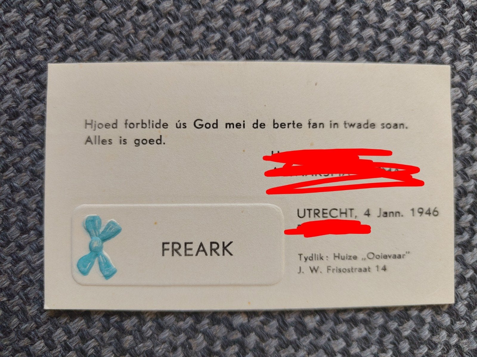 1946 Freark, Verzamelen, Ophalen of Verzenden, Voor 1970, Geboortekaartje