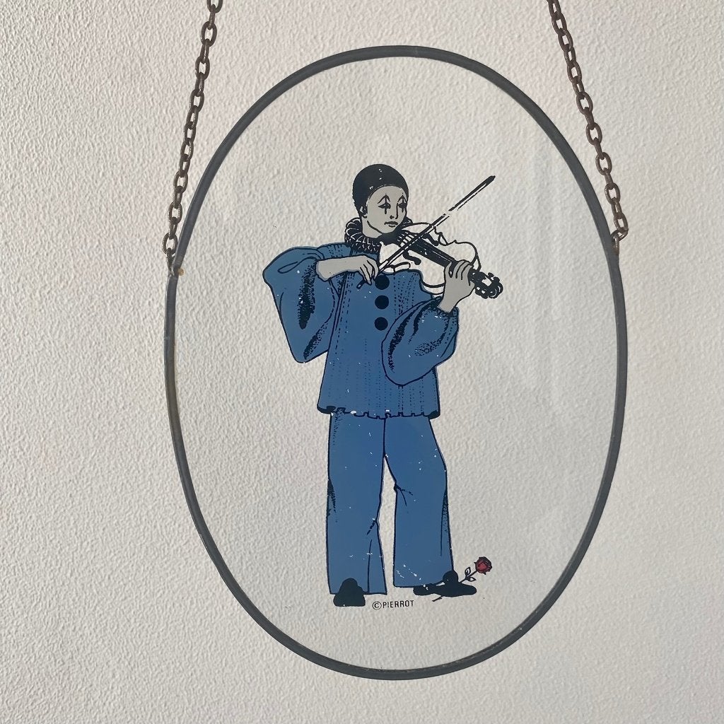 Vintage raamhanger glashanger Pierrot blauw ovaal, 22 cm, Gebruikt, Wandhanger, Ophalen of Verzenden