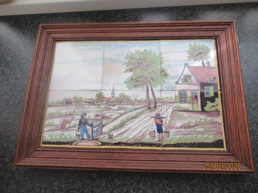 OUD TEGELTABLEAU-HOLLANDS LANDSCHAPSTAFEREEL - IN LIJST, Ophalen of Verzenden