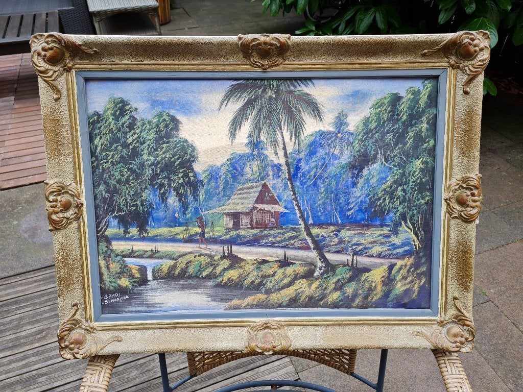 Indonesisch Olieverfschilderij S. Sumarjono in Baroklijst, Overige stijlen, Doek, Ophalen of Verzenden, Bijzondere lijst