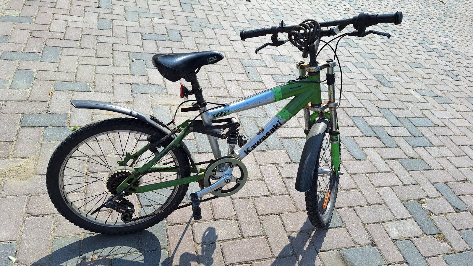 Kawasaki kinderfiets/ MTB - Groen/Zilver, Ophalen, 20 inch of meer, Gebruikt, Velgrem