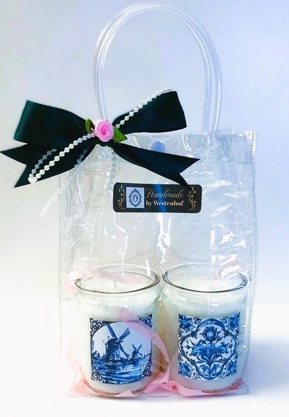 Giftset cadeau kaarsen in glazen delfts blauw molen bloemen, Overige materialen, Verzenden, Wit, Nieuw