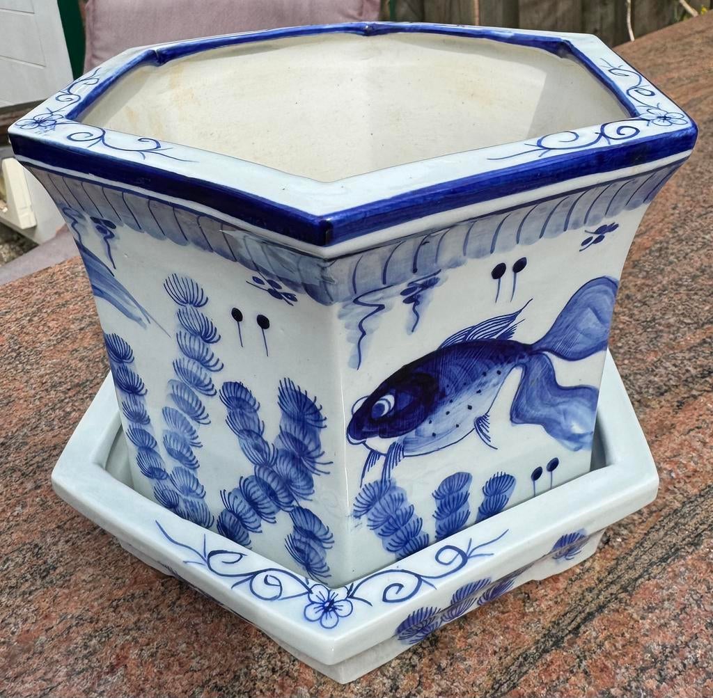 Plantenpot Delfts blauw visdecoratie met schotel, Ophalen of Verzenden