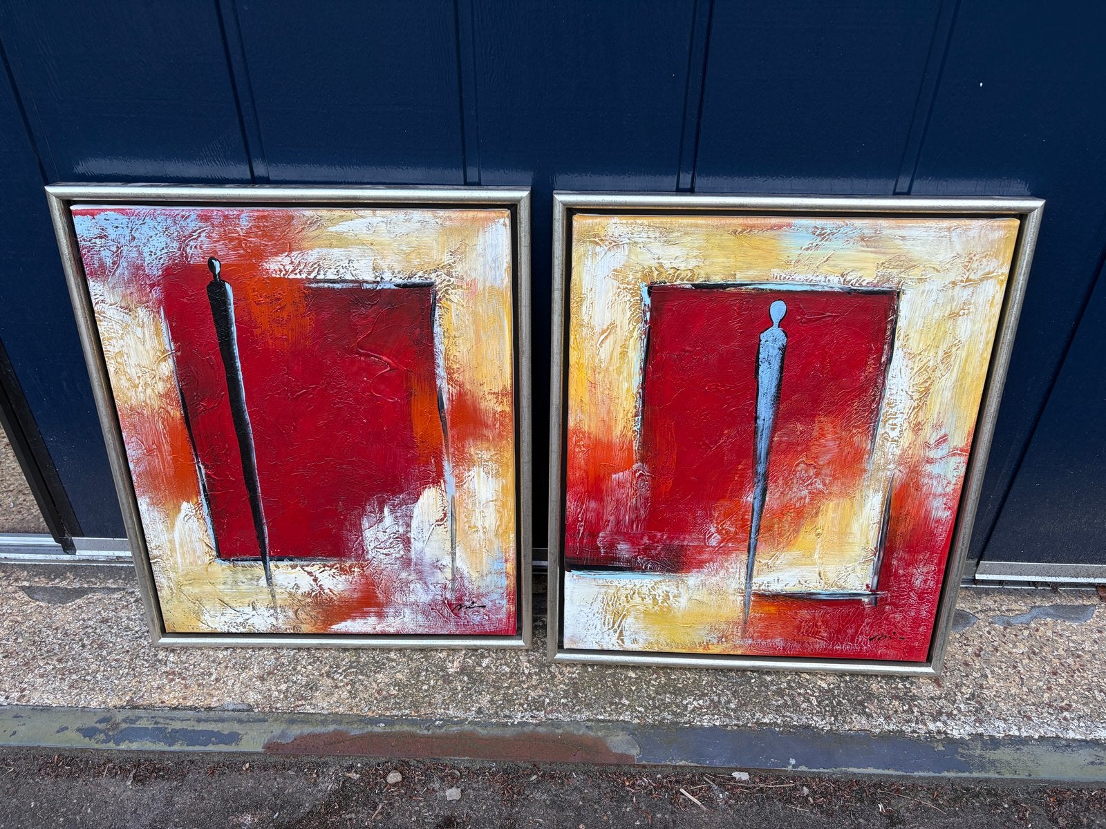 Abstract Tweeluik Olieverf Schilderij - Rood, Geel, Grijs, Ophalen of Verzenden