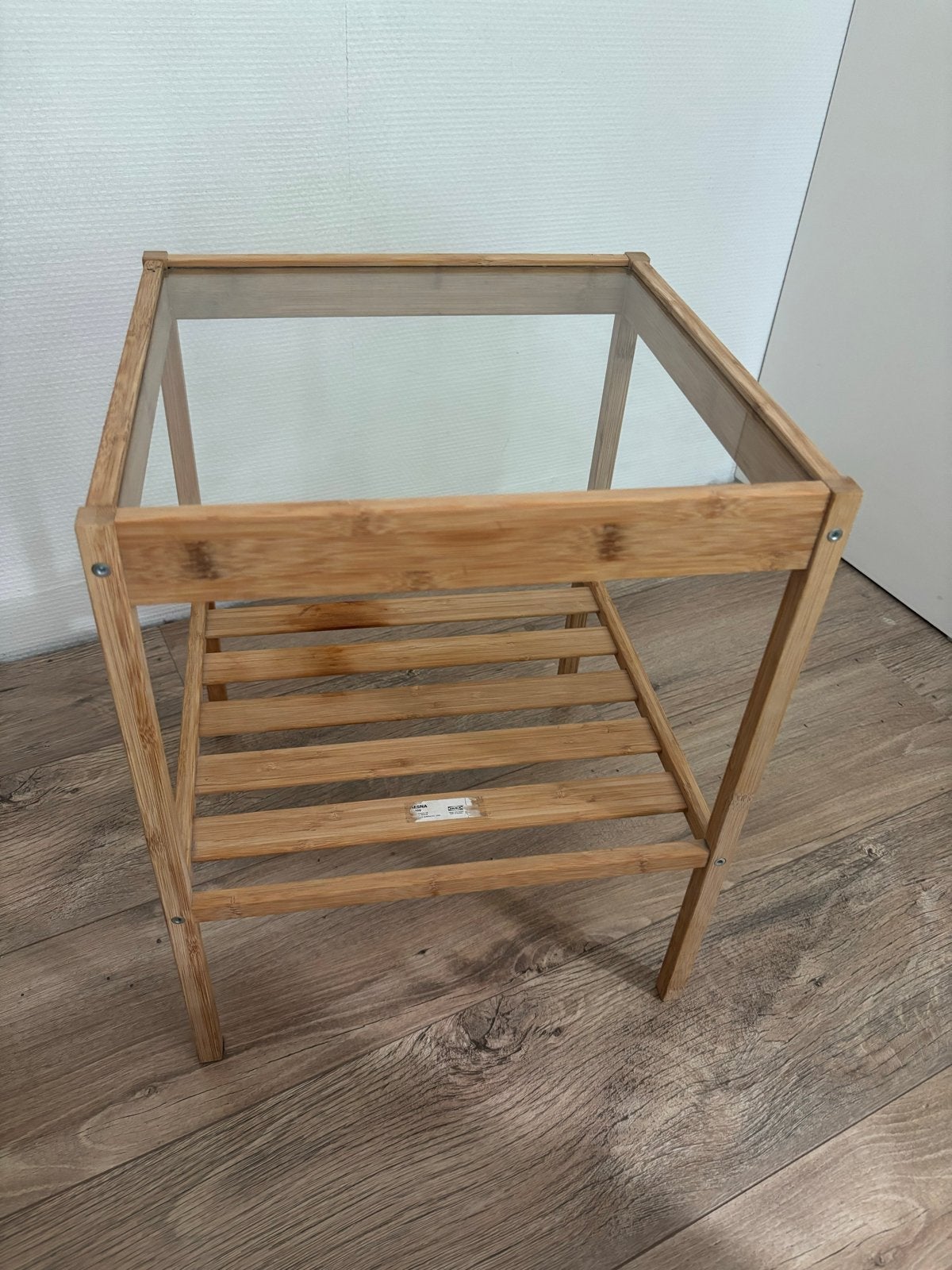 IKEA Ragrund bijzettafel/badkamerrek bamboe met glas, Huis en Inrichting, Minder dan 55 cm, Gebruikt, Vierkant, Hout