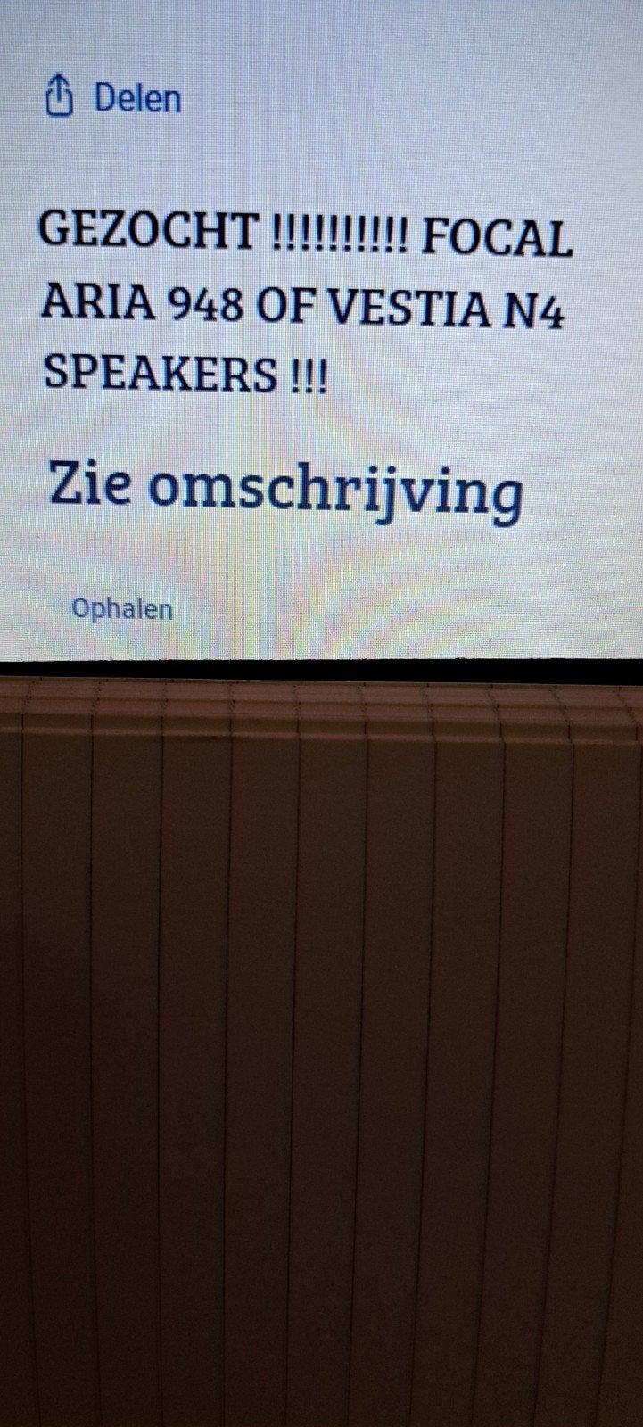 GEZOCHT !!!!!!!!!! FOCAL ARIA 948 OF VESTIA N4  SPEAKERS !!!, Audio, Tv en Foto, Ophalen, Zo goed als nieuw, Overige merken