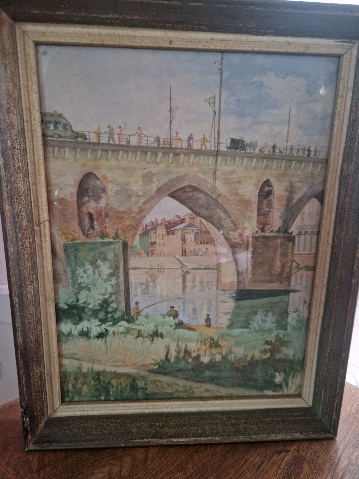Oude aquarel van een brug met vissers en mensen, Antiek en Kunst, Ophalen of Verzenden