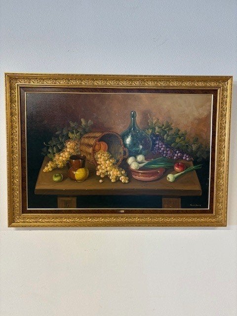 Tafel met mand, uit en druif, Antiek en Kunst, Kunst | Schilderijen | Klassiek, Ophalen, Gouache, Doek, Oud hollands