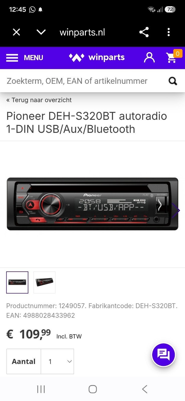 Te koop Pioneer 1din autoradïo, Ophalen, Zo goed als nieuw