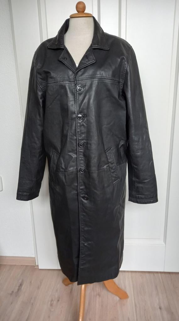 Lange zwarte leren jas - XL maat 50, Kleding | Heren, Jassen | Winter, Ophalen, Gedragen, Maat 52/54 (L), Zwart