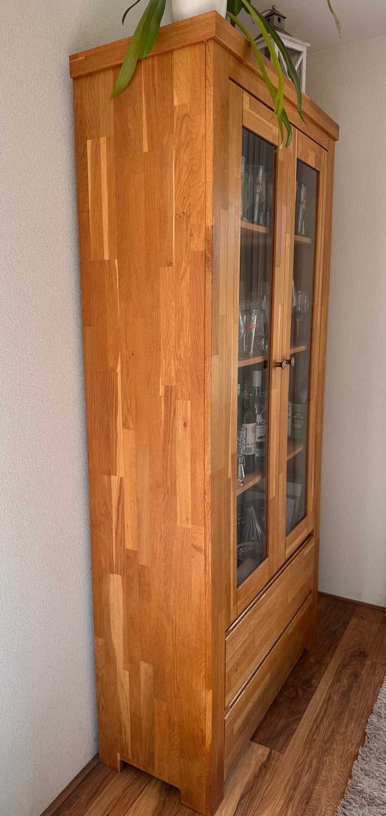 Eiken vitrinekast, Huis en Inrichting, Ophalen, Gebruikt, 100 tot 150 cm, 200 cm of meer