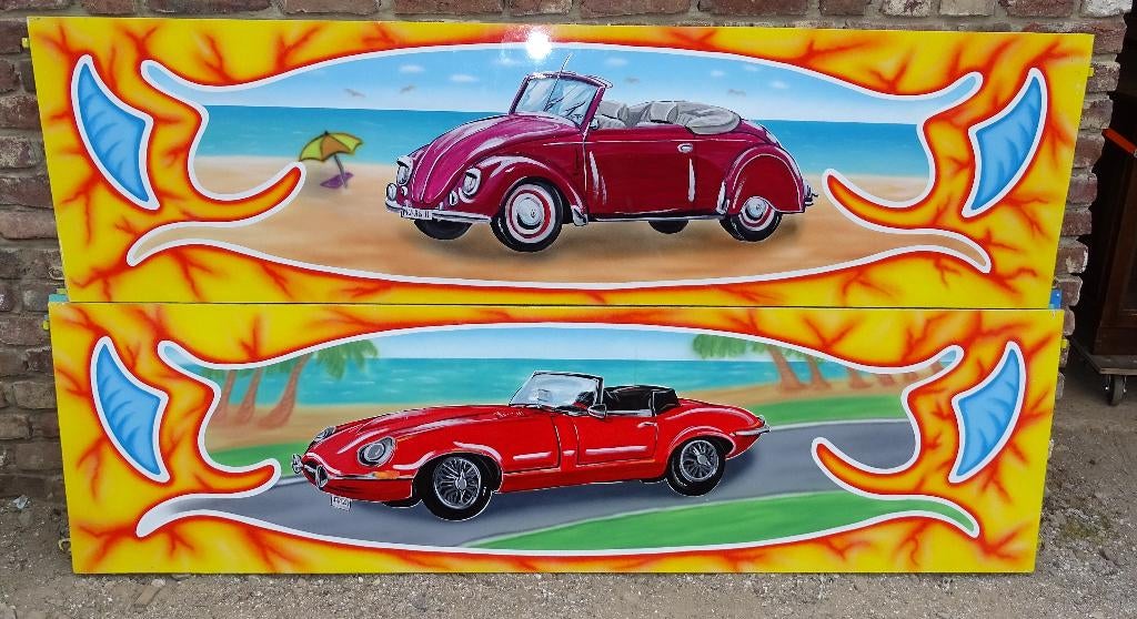 oude reclamebord botsauto kermis kever mercedes corvet, Ophalen