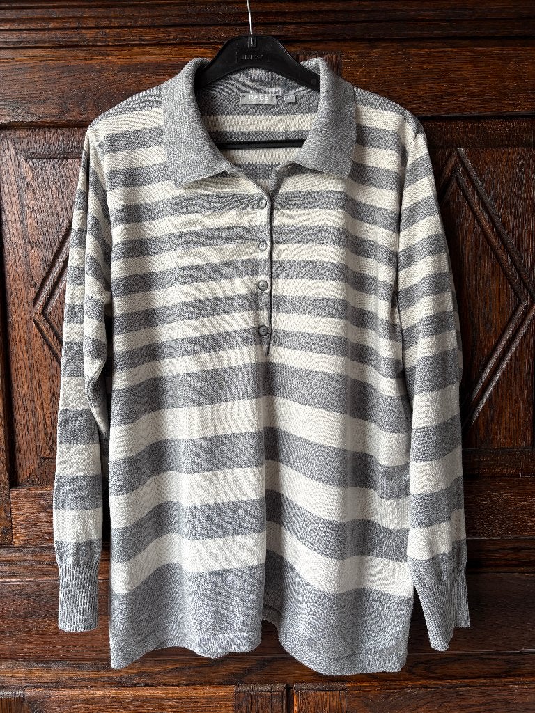 Wit-grijs gestreepte polo, top, longsleeve; RABE; maat 48, Kleding | Dames, Maat 46/48 (XL) of groter, Ophalen of Verzenden, Lange mouw