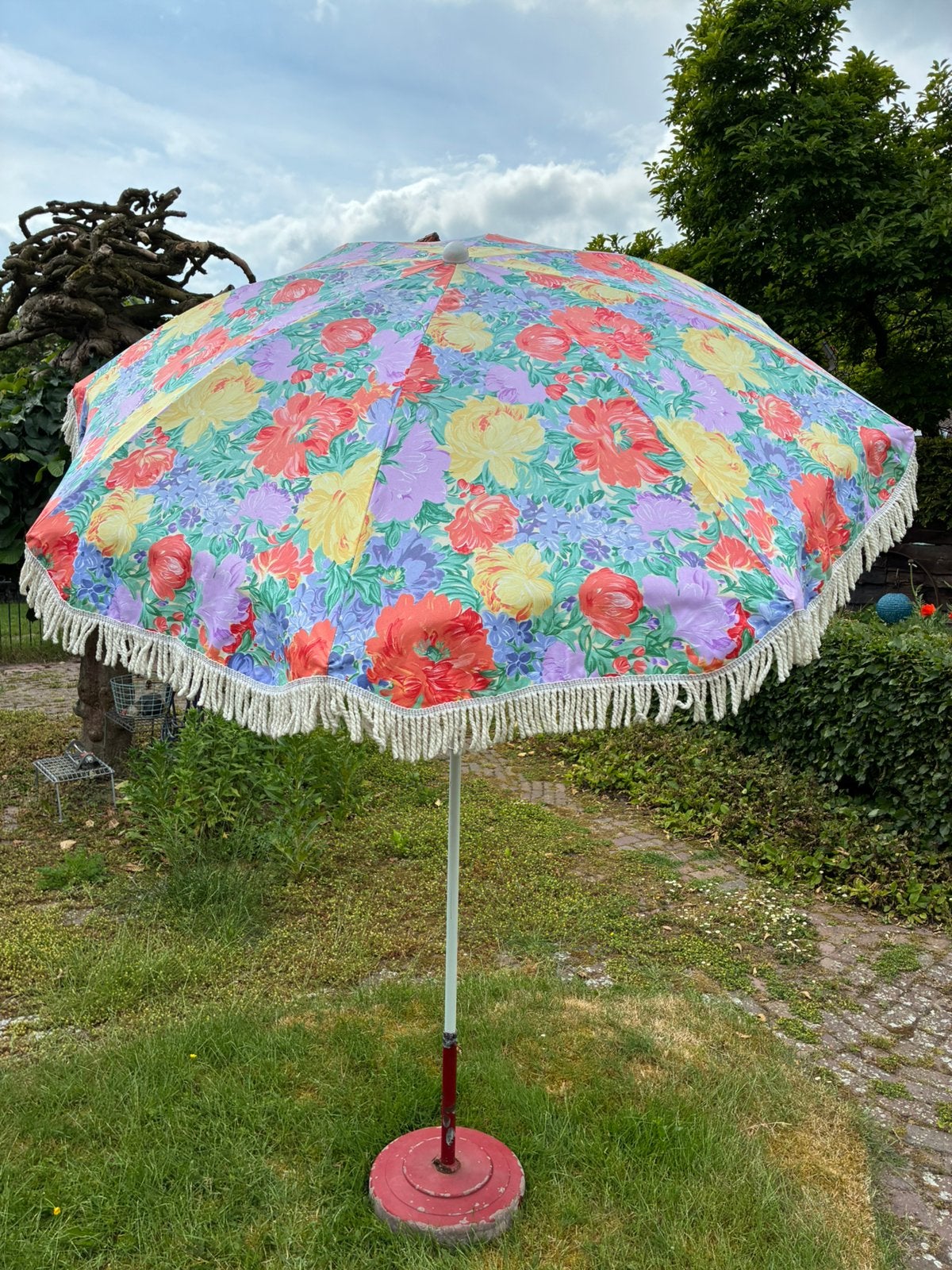 Vintage parasol met franje, Tuin en Terras, Ophalen, Gebruikt, 1 tot 2 meter, Stokparasol