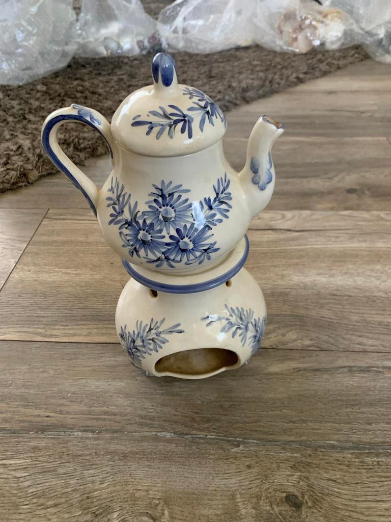 Vintage theepot met theelichtje - Blauw bloemmotief, Ophalen of Verzenden, Zo goed als nieuw