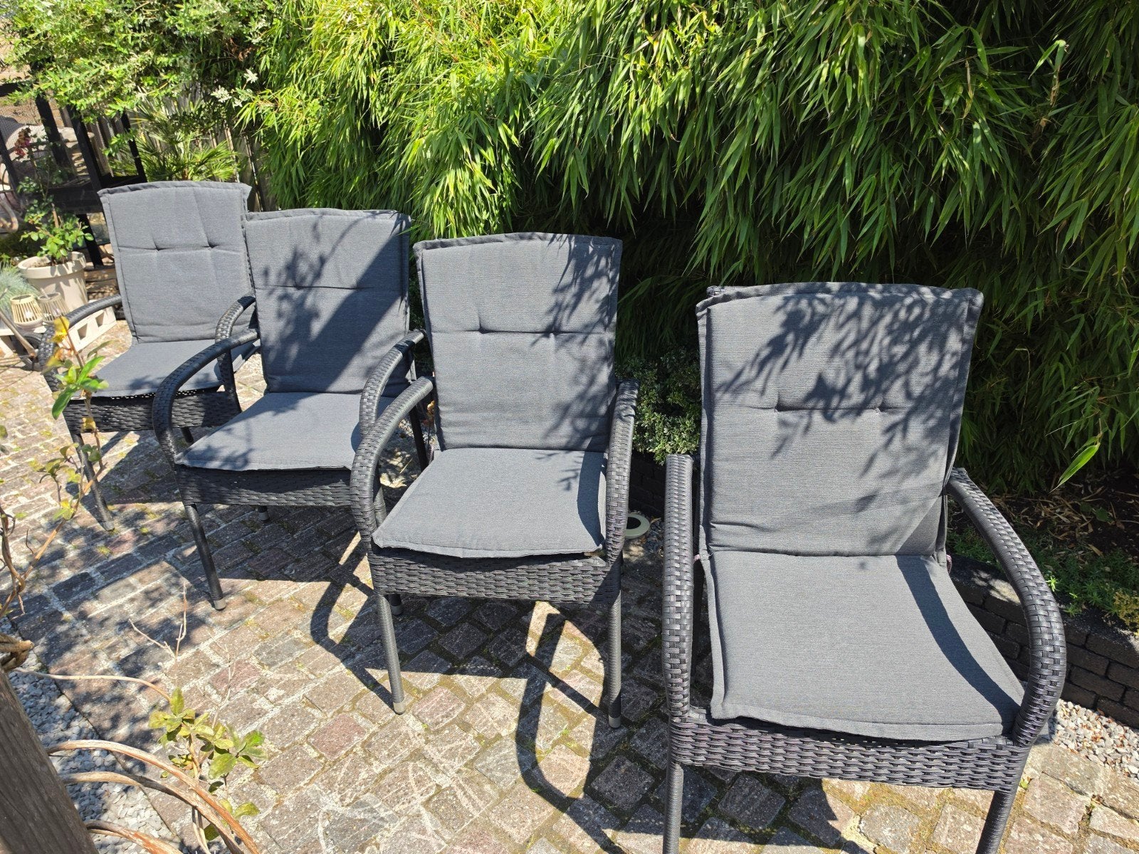4 st. Antraciet kleurige tuinstoelen incl. Kussens, Tuin en Terras, Tuinsets en Loungesets, Ophalen, Gebruikt, Kunststof